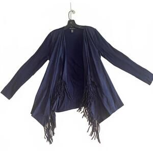 Women's INC Faux Suede Navy Blue Open Front Cardigan with Fringe Size Large